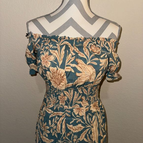 NWT Patrons of Peach Blue Floral Print Smocked Short Sleeve Maxi Dress Small - Picture 3 of 16